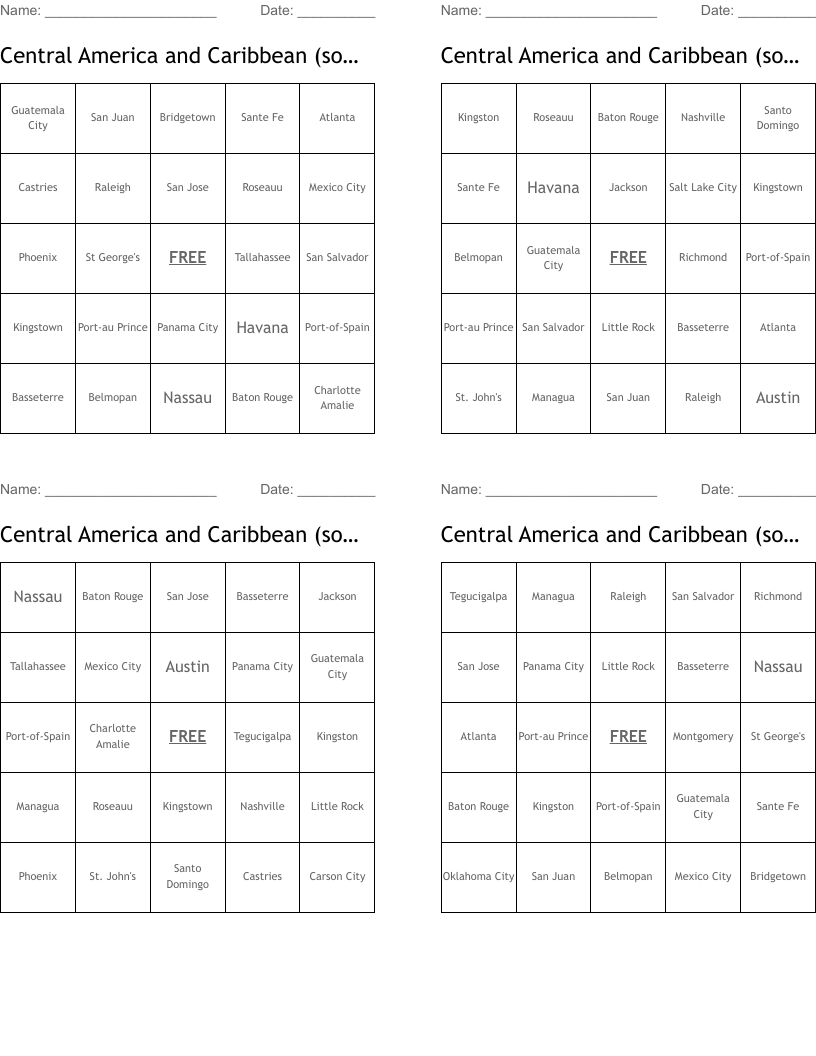 Central America and Caribbean (some US) Bingo Cards