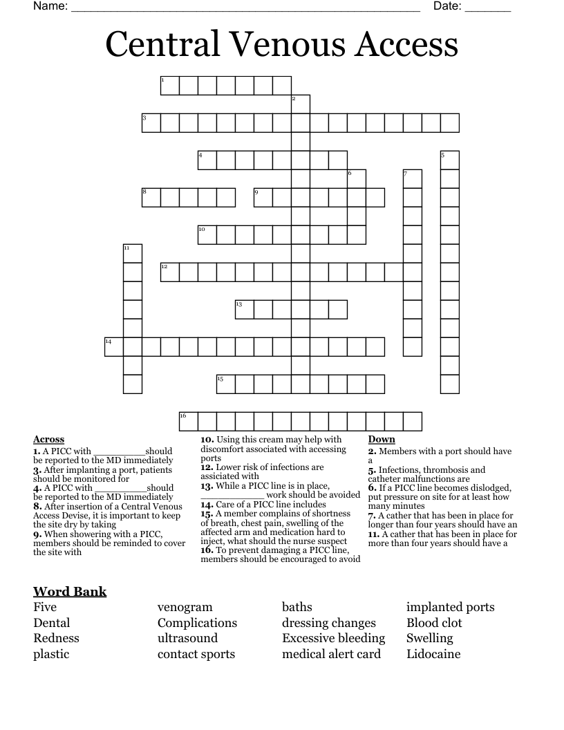 Central Venous Access Crossword