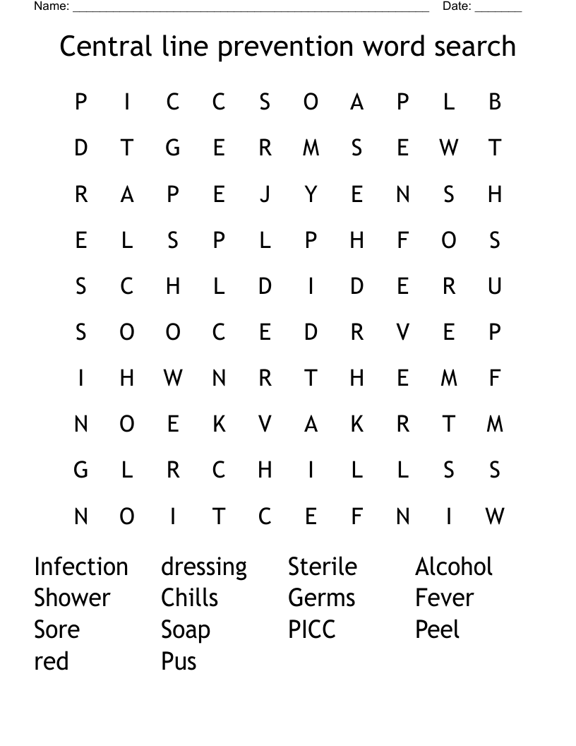 Central line prevention word search