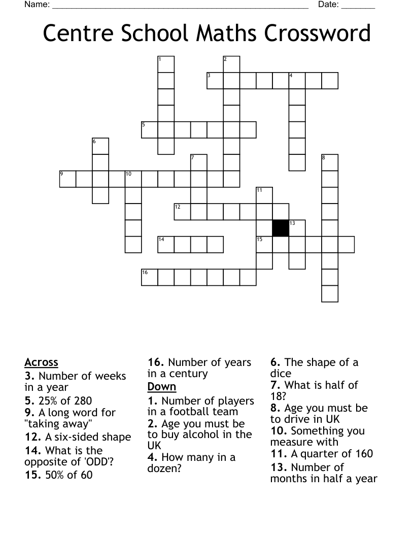 Centre School Maths Crossword