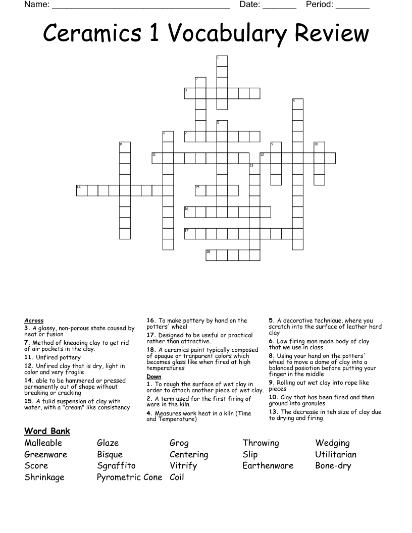Ceramics 1 Vocabulary Review Crossword