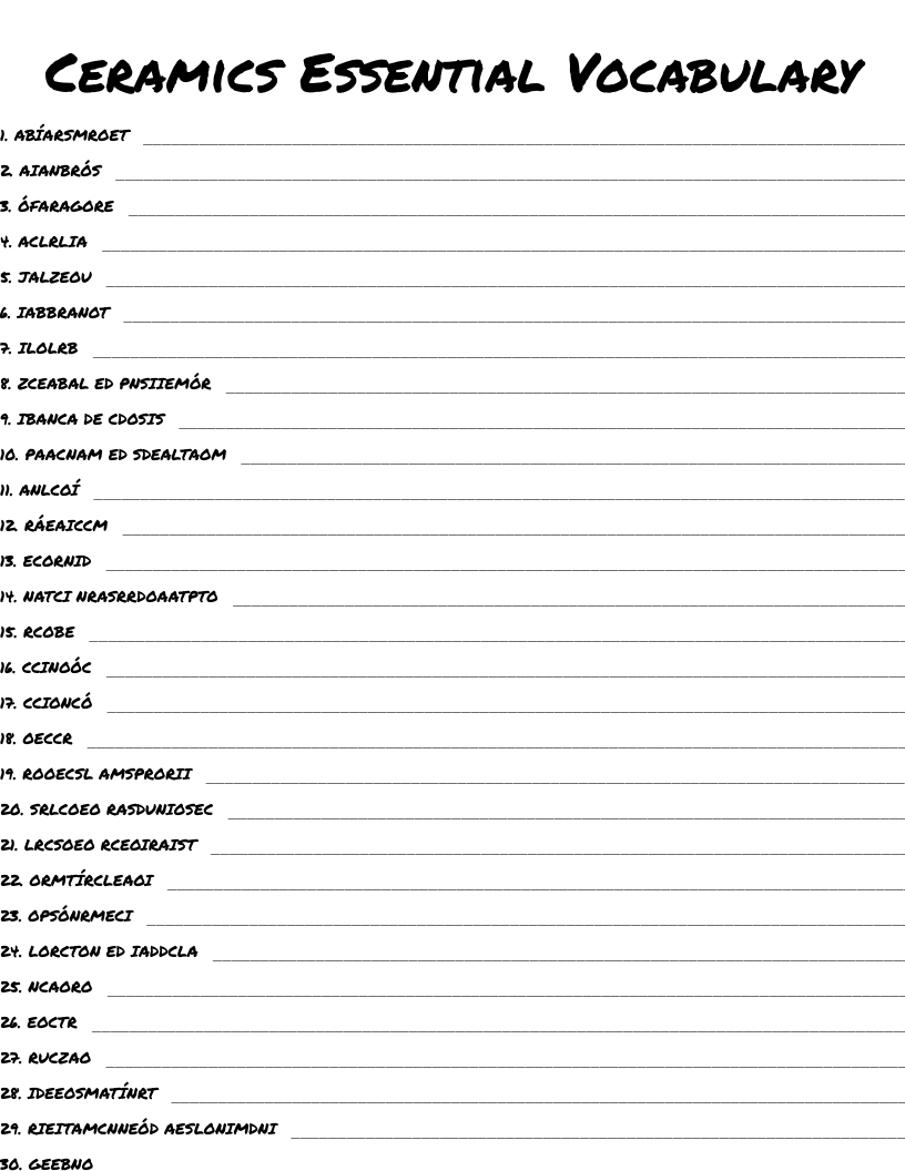 Ceramics Essential Vocabulary Word Scramble