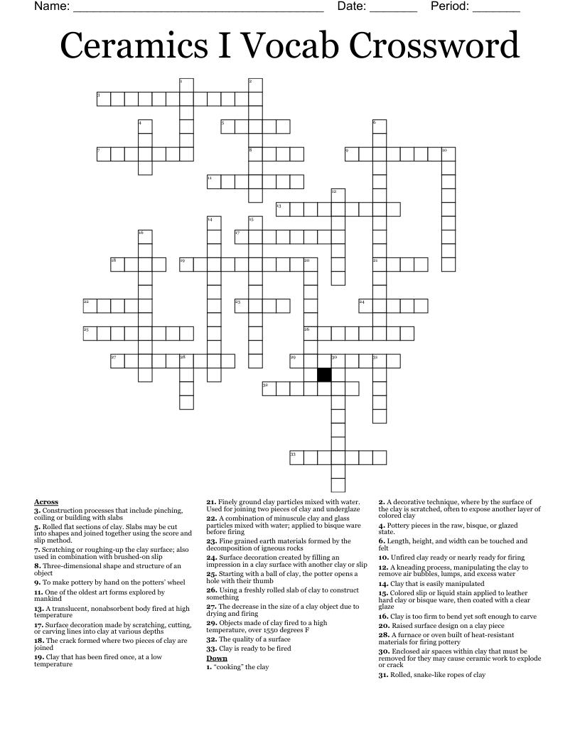 Ceramics I Vocab Crossword