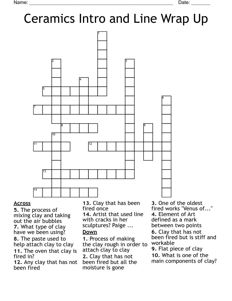 Ceramics Intro and Line Wrap Up Crossword