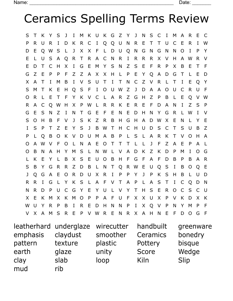 Ceramics Spelling Terms Review Word Search
