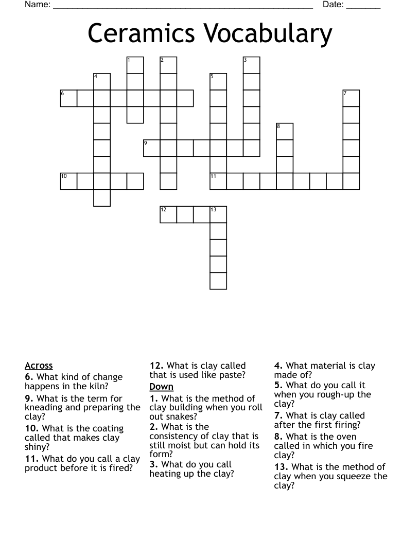 Ceramics Vocabulary Crossword