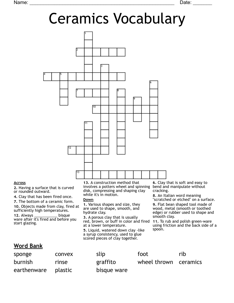 Ceramics Vocabulary Crossword