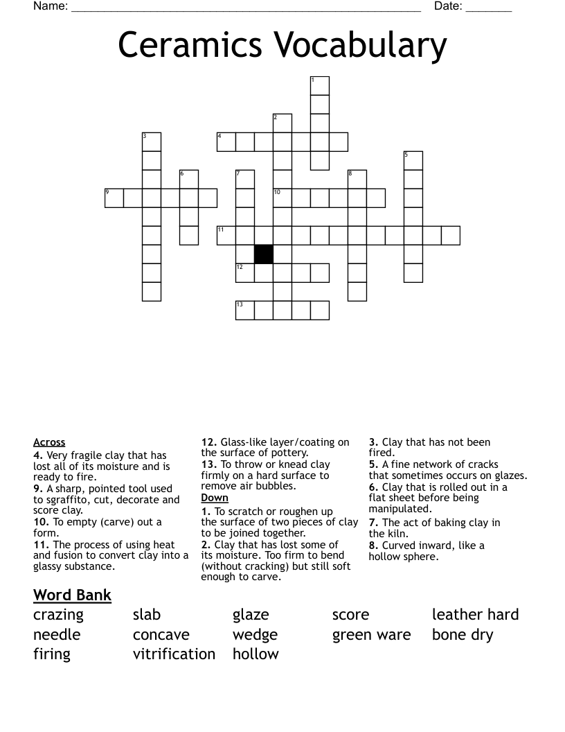 Ceramics Vocabulary Crossword