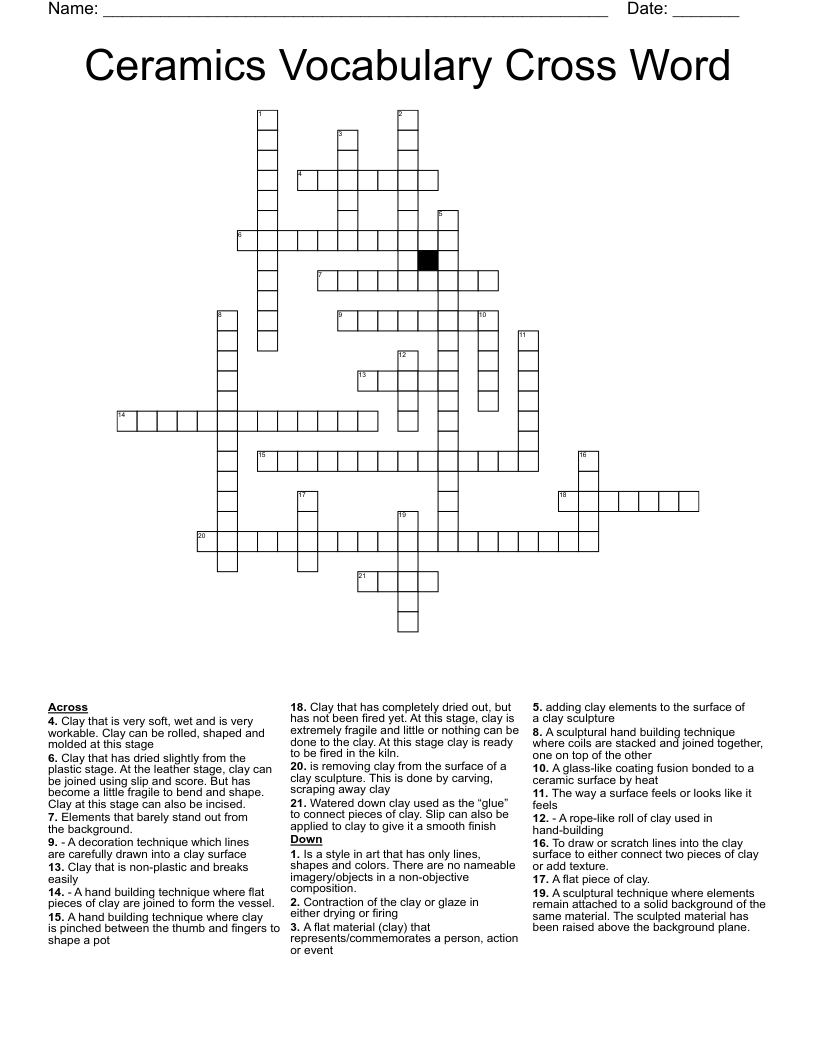 Ceramics Vocabulary Cross Word