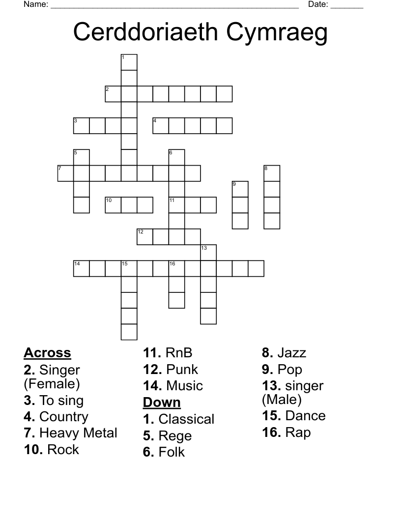 Cerddoriaeth Cymraeg Crossword