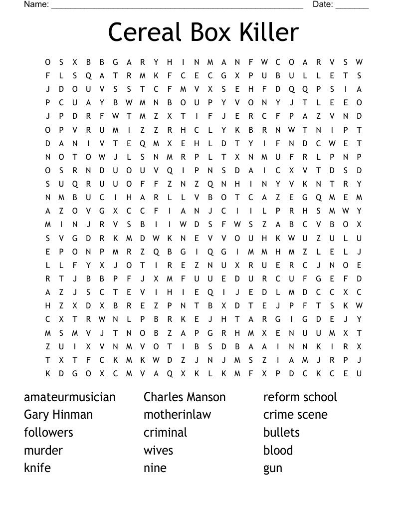 Cereal Box Killer Word Search