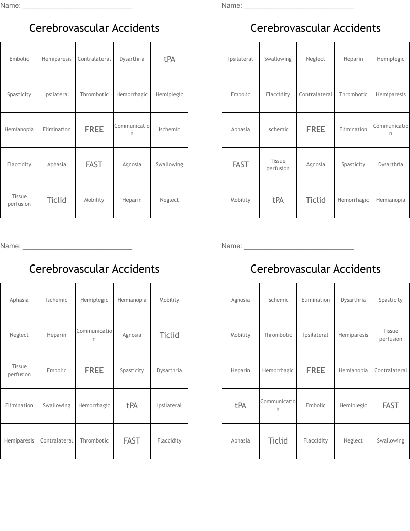 Cerebrovascular Accidents Bingo Cards