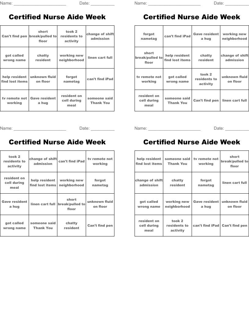 Certified Nurse Aide Week Bingo Cards