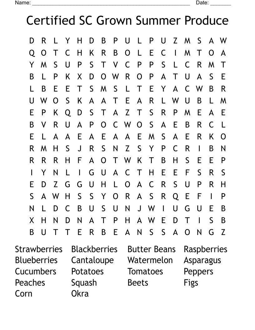 Certified SC Grown Summer Produce Word Search