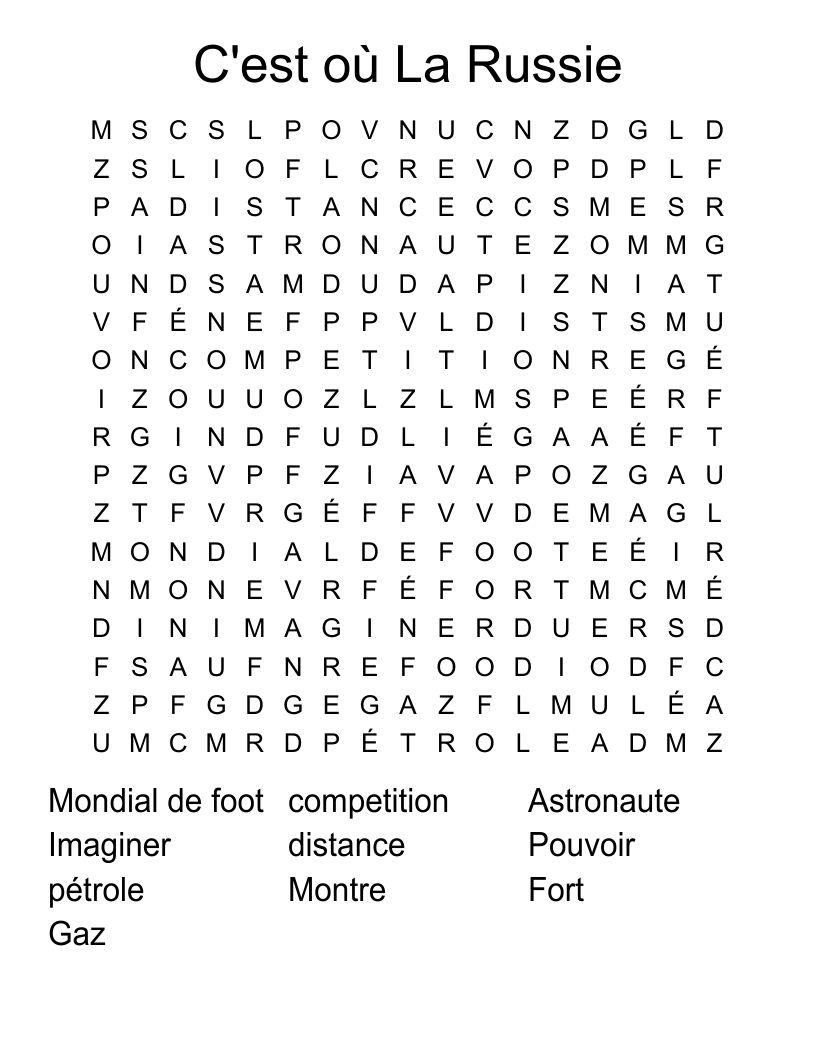 C'est où La Russie Word Search
