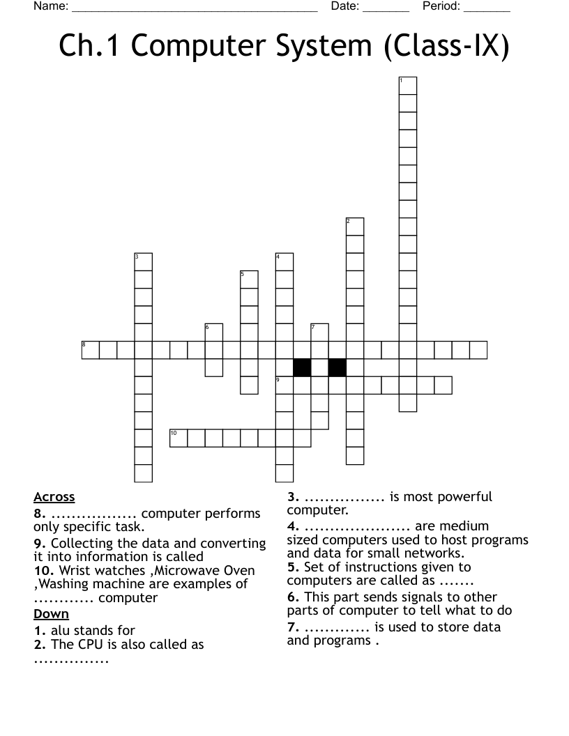 Ch.1 Computer System (Class-IX) Crossword