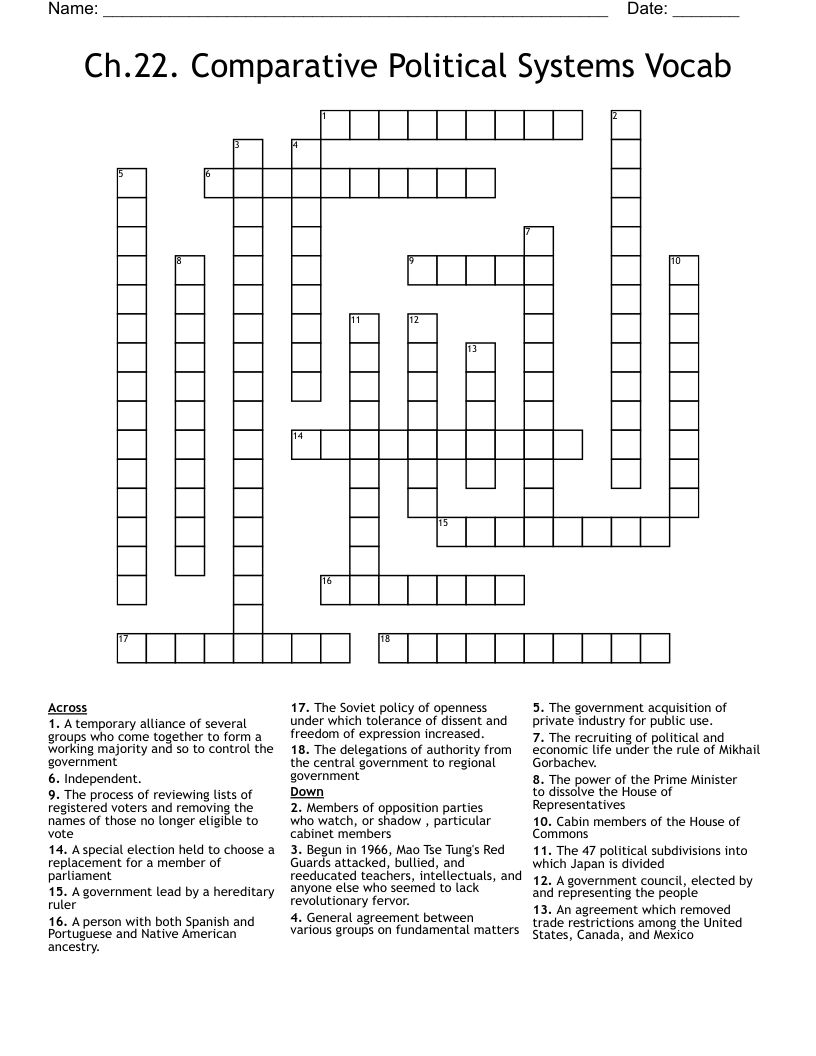 Ch.22. Comparative Political Systems Vocab Crossword
