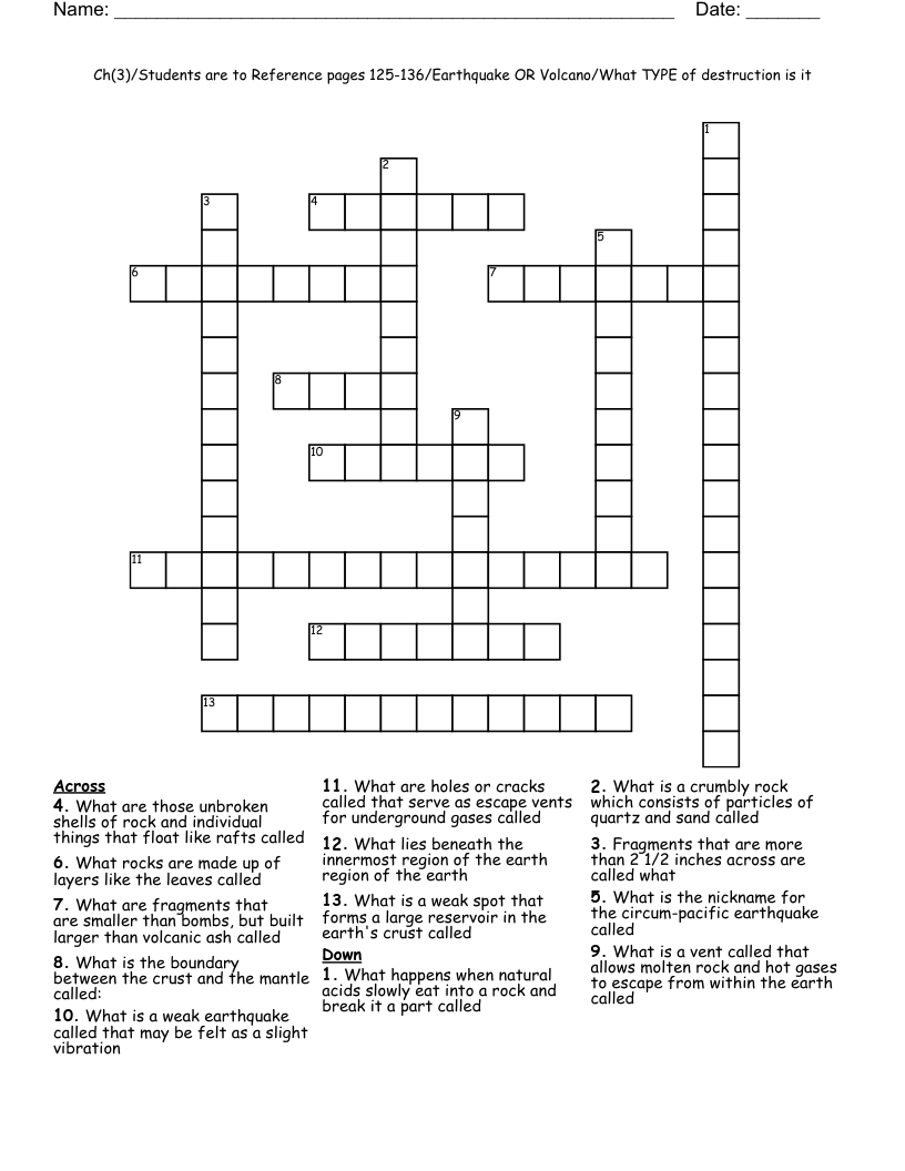 Ch(3)/Students are to Reference pages 125-136/Earthquake OR Volcano/What TYPE of destruction is it Crossword