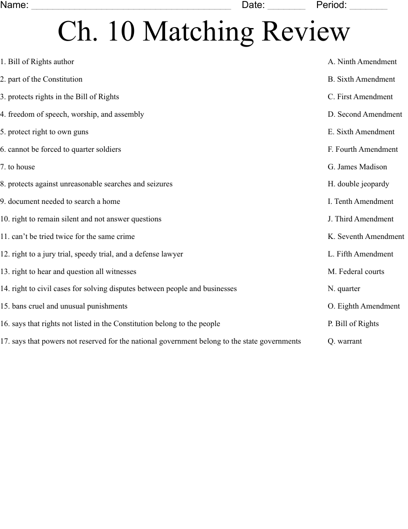Ch. 10 Matching Review Worksheet