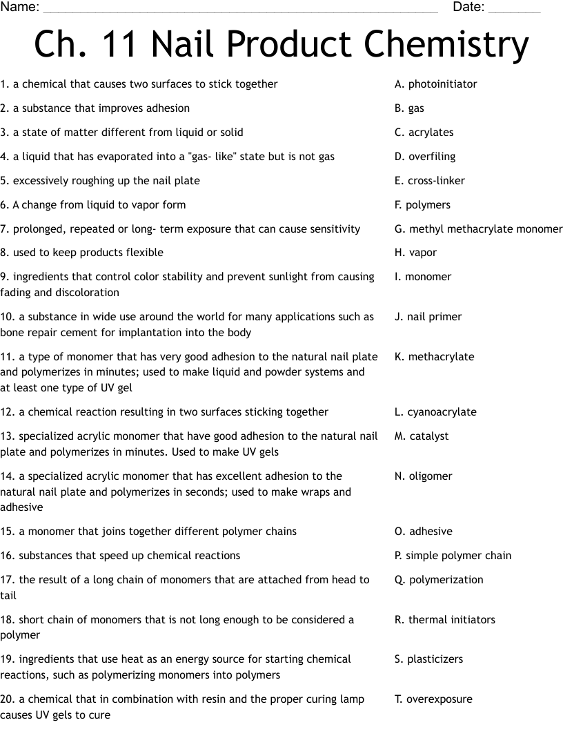Ch. 11 Nail Product Chemistry  Worksheet