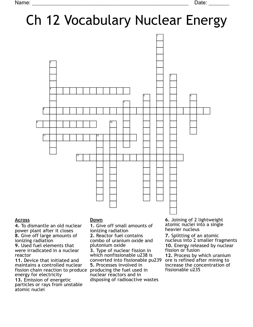 Ch 12 Vocabulary Nuclear Energy Crossword