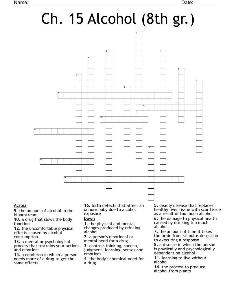 Ch. 15 Alcohol (8th gr.) Crossword
