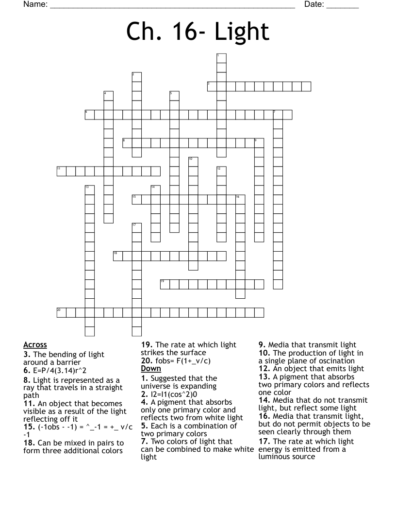 Ch. 16- Light  Crossword