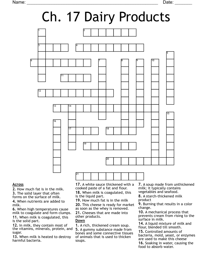 Ch. 17 Dairy Products Crossword