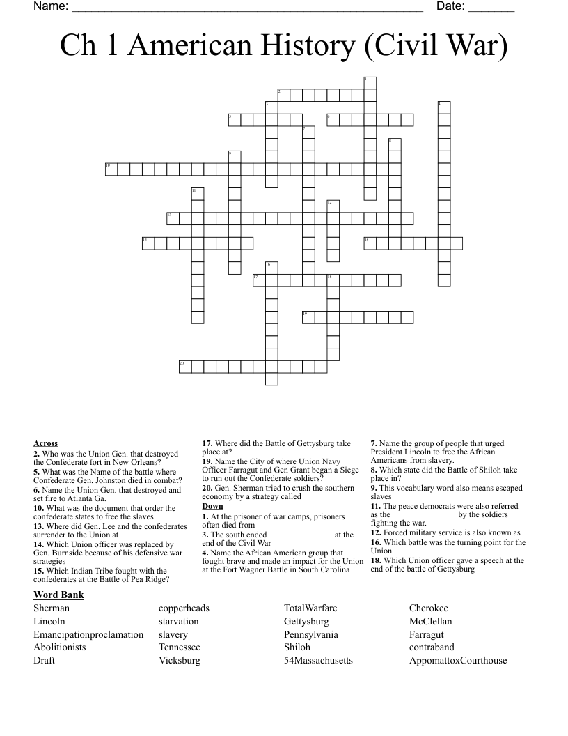 Ch 1 American History (Civil War) Crossword