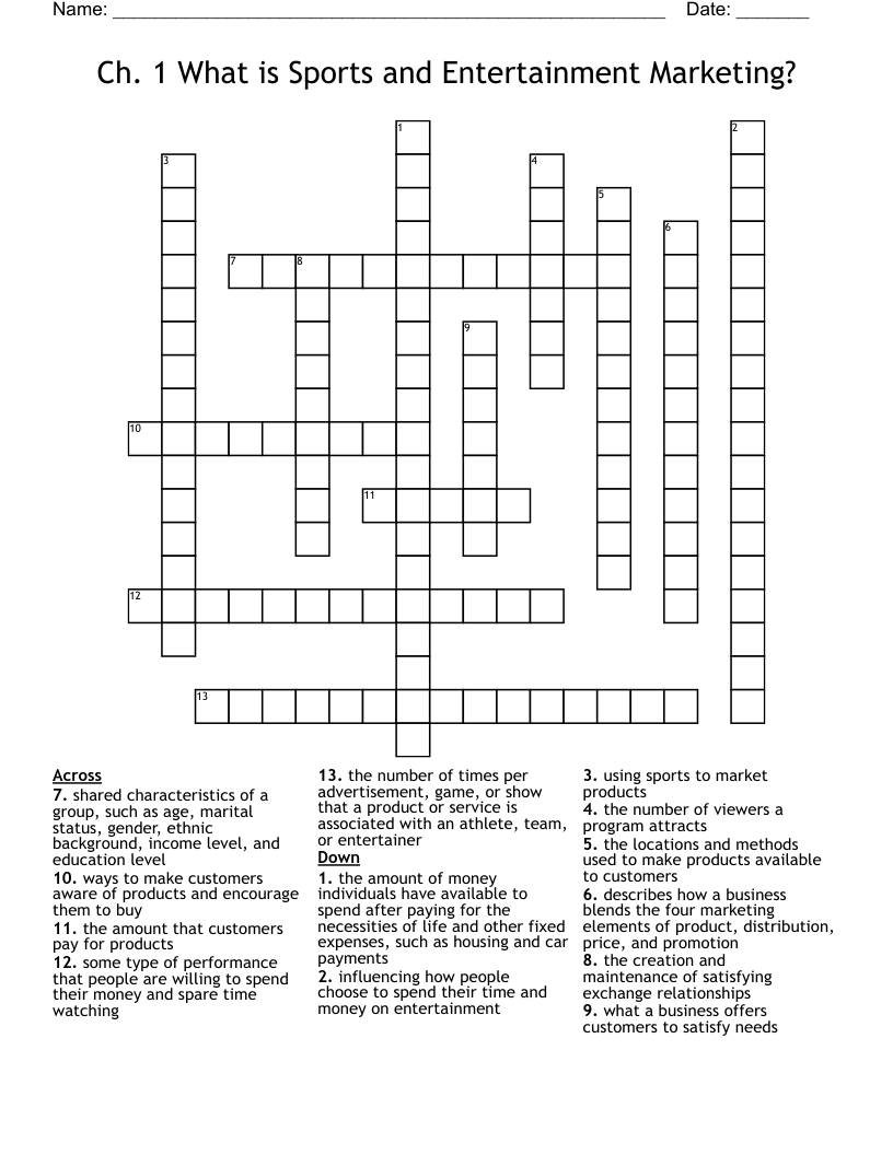 Ch. 1 What is Sports and Entertainment Marketing?  Crossword