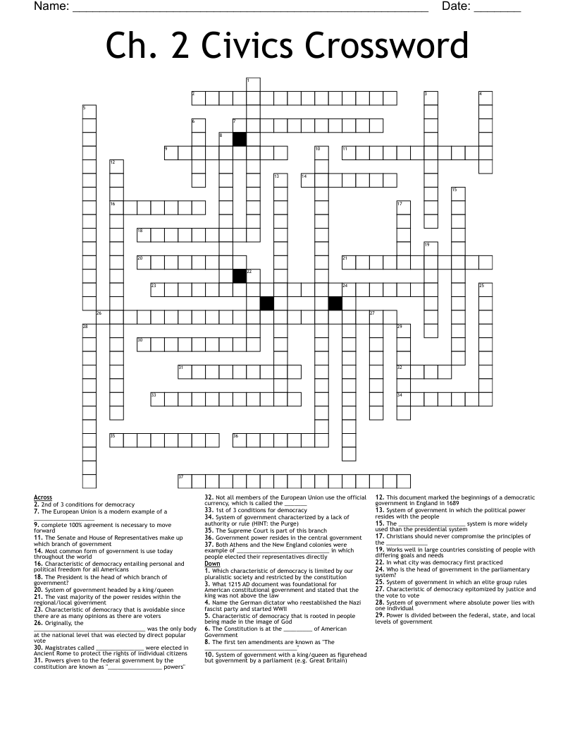 Ch. 2 Civics Crossword