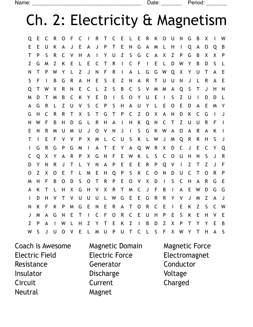 Ch. 2: Electricity & Magnetism Word Search