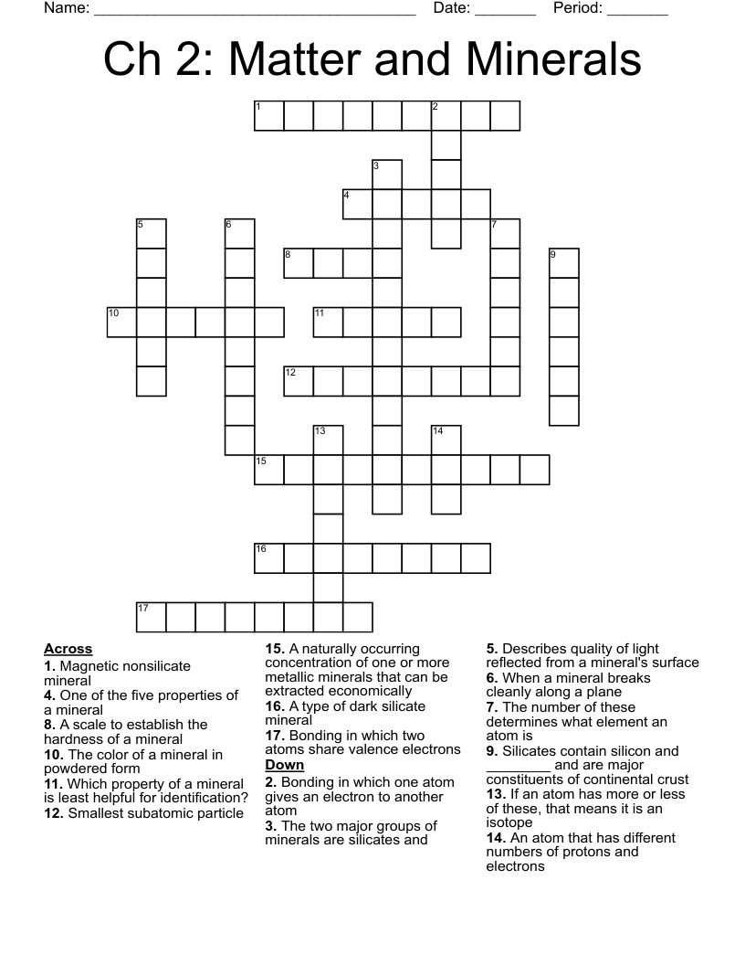 Ch 2: Matter and Minerals Crossword