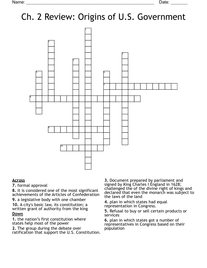 Ch. 2 Review: Origins of U.S. Government Crossword