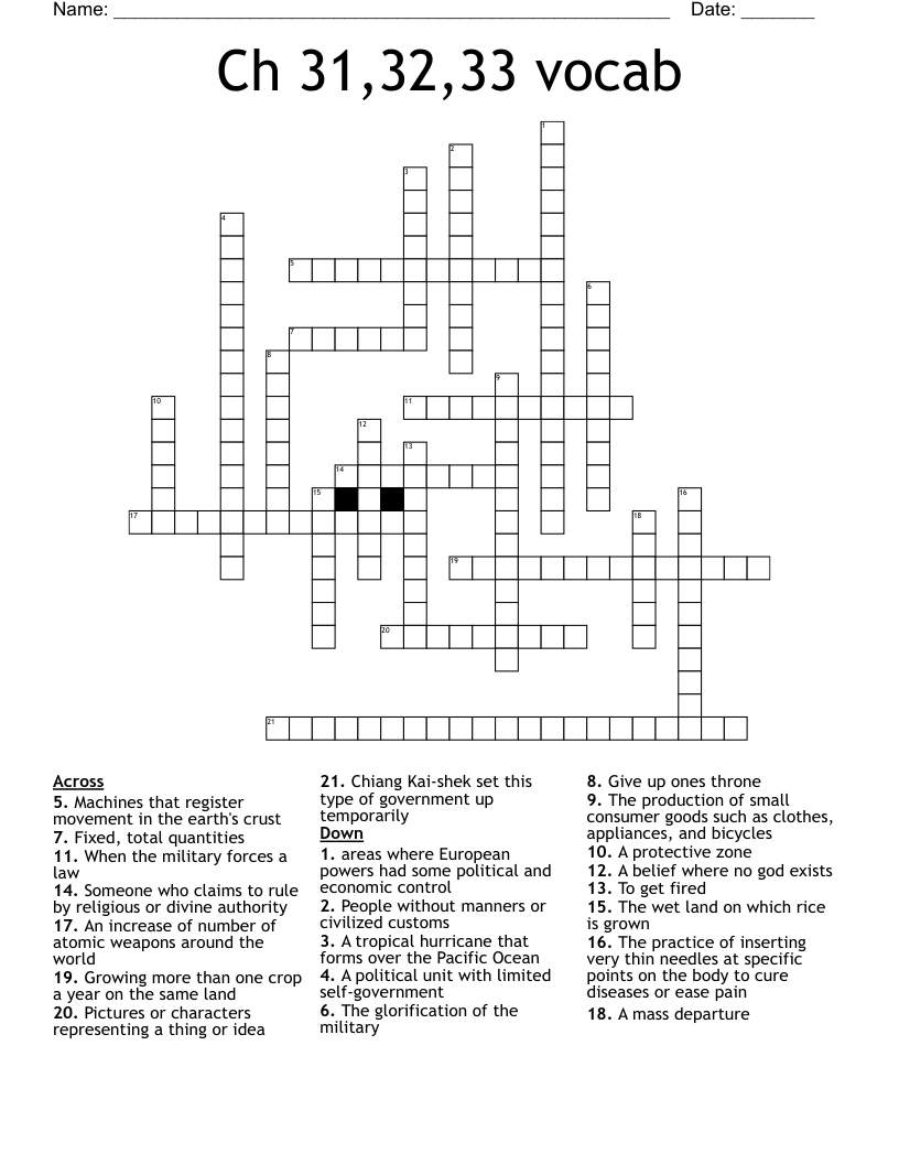 Ch 31,32,33 vocab Crossword