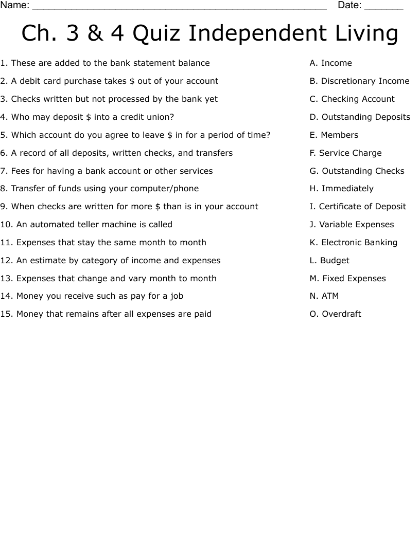 Ch. 3 & 4 Quiz Independent Living Worksheet