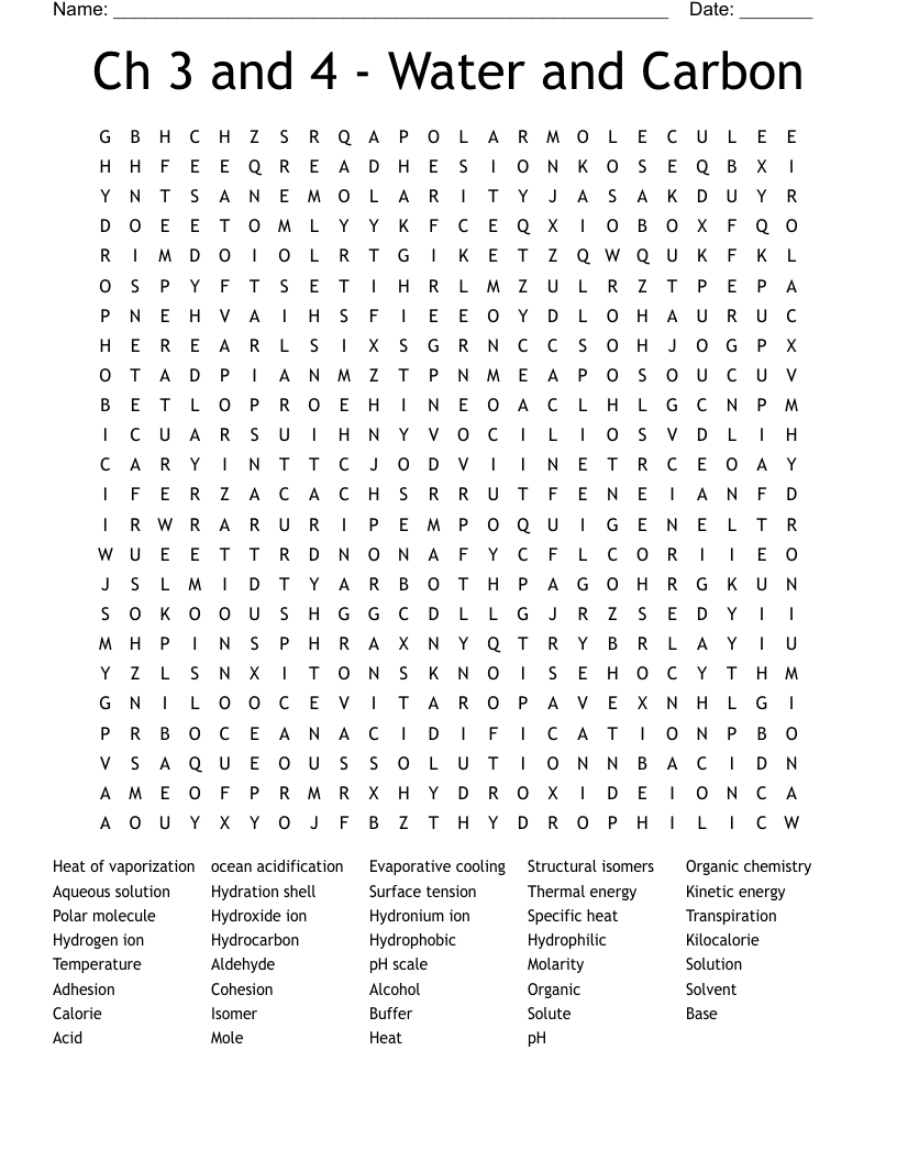 Ch 3 and 4 - Water and Carbon Word Search