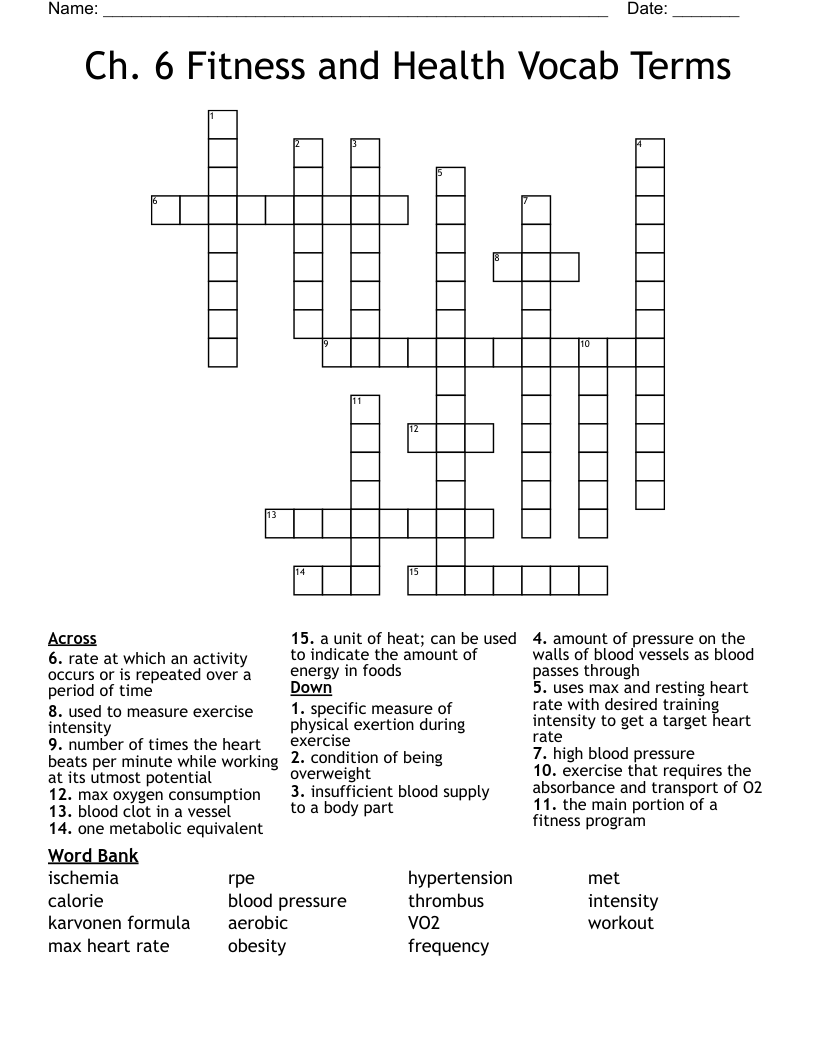Ch. 6 Fitness and Health Vocab Terms Crossword