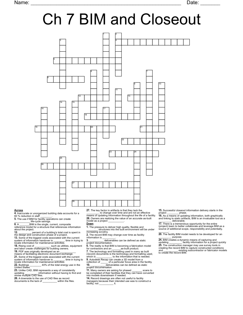 Ch 7 BIM and Closeout Crossword
