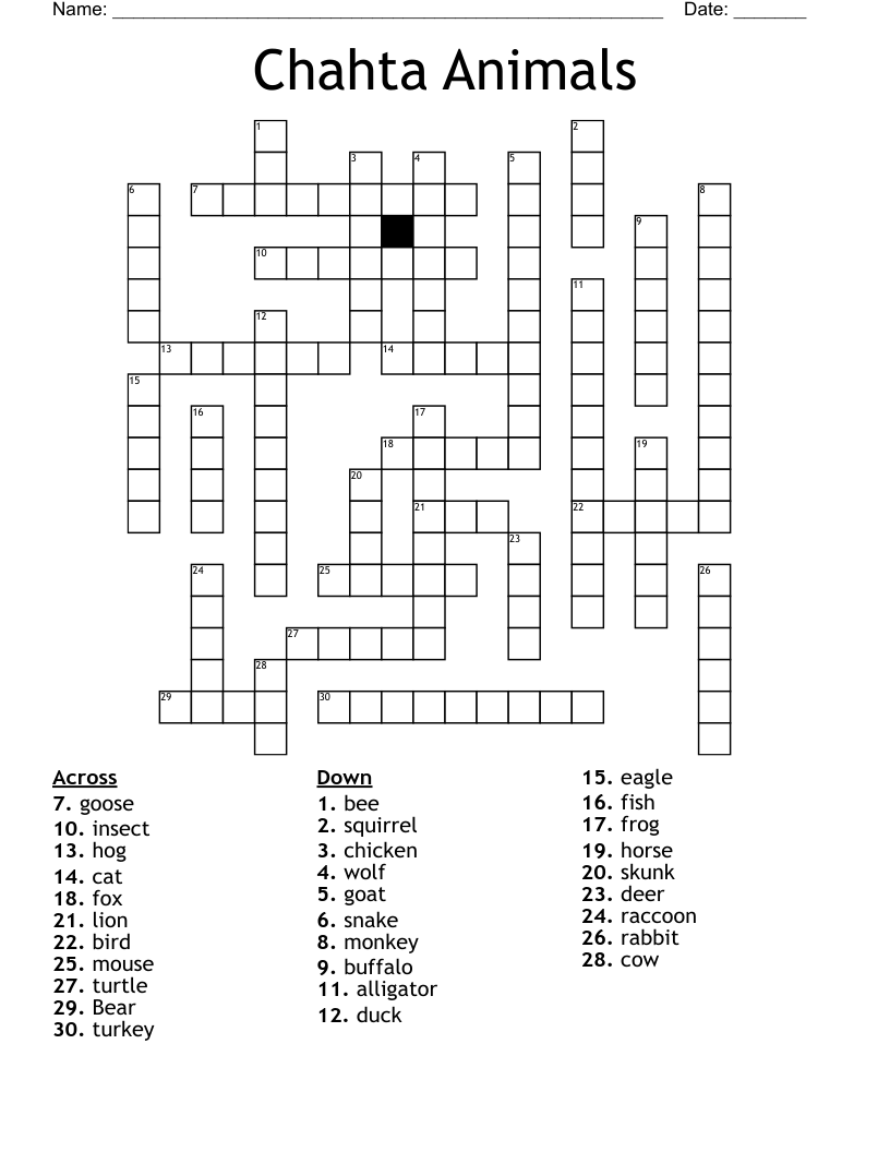 Chahta Animals Crossword