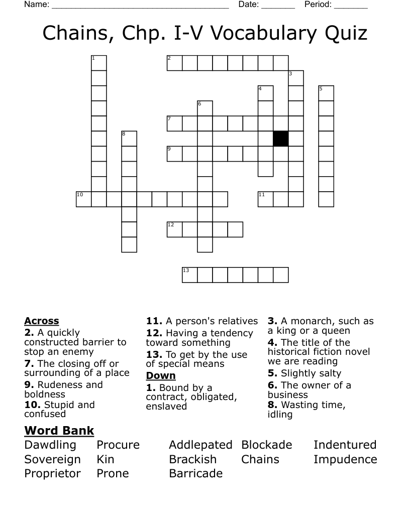 Chains, Chp. I-V Vocabulary Quiz Crossword