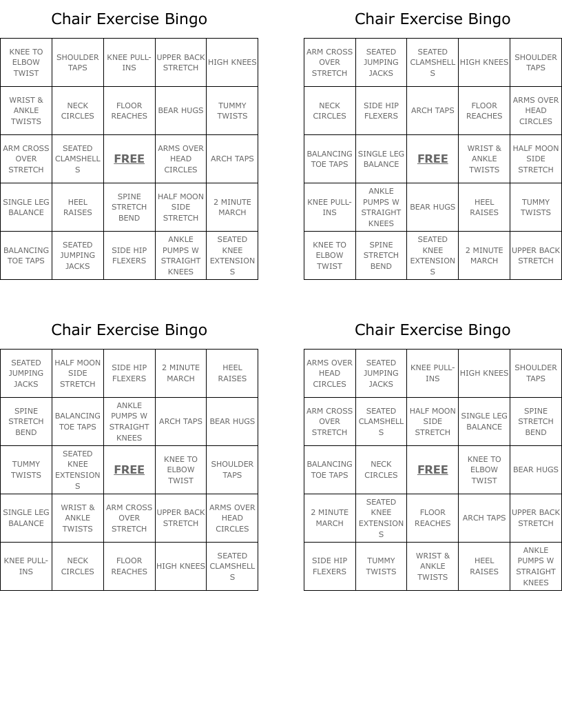 Chair Exercise Bingo 