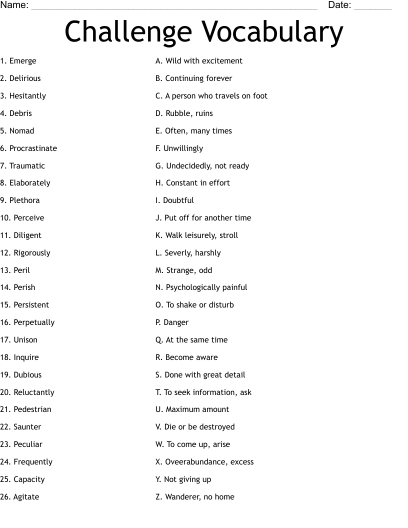 Challenge Vocabulary Worksheet
