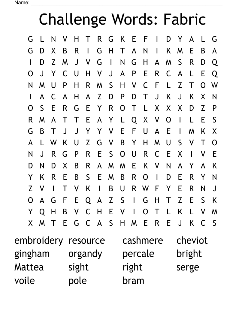 Challenge Words:  Fabric Word Search