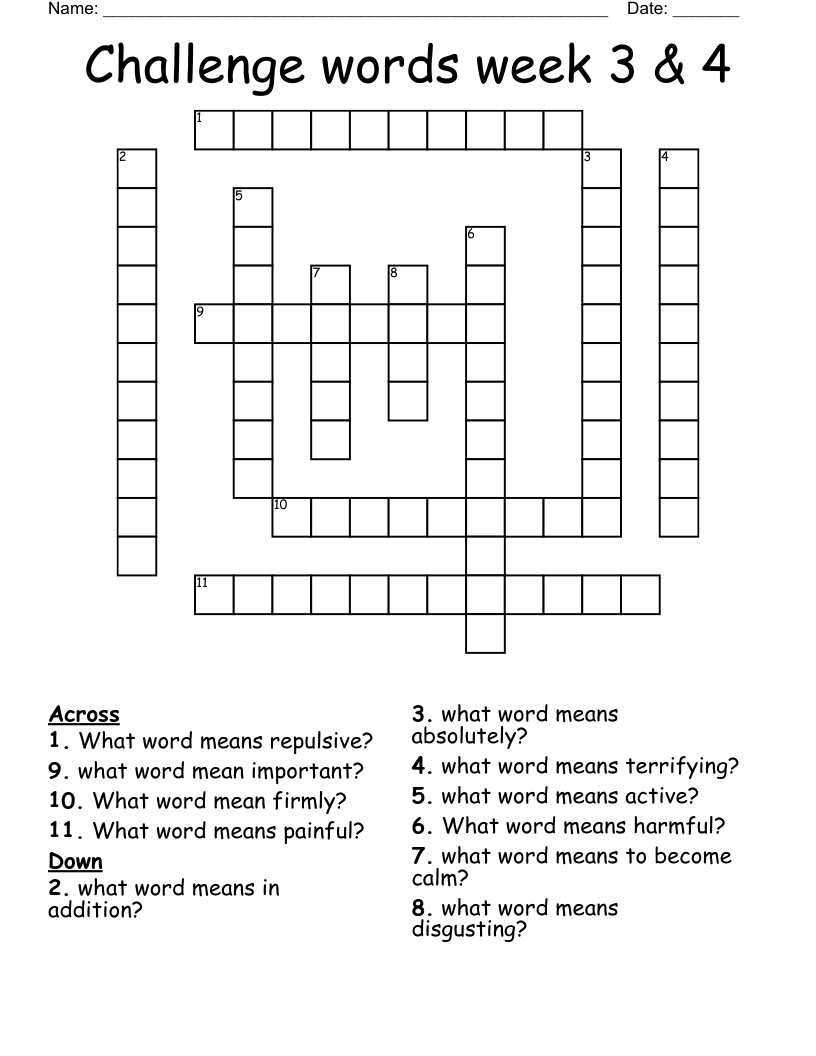 Challenge words week 3 & 4 Crossword