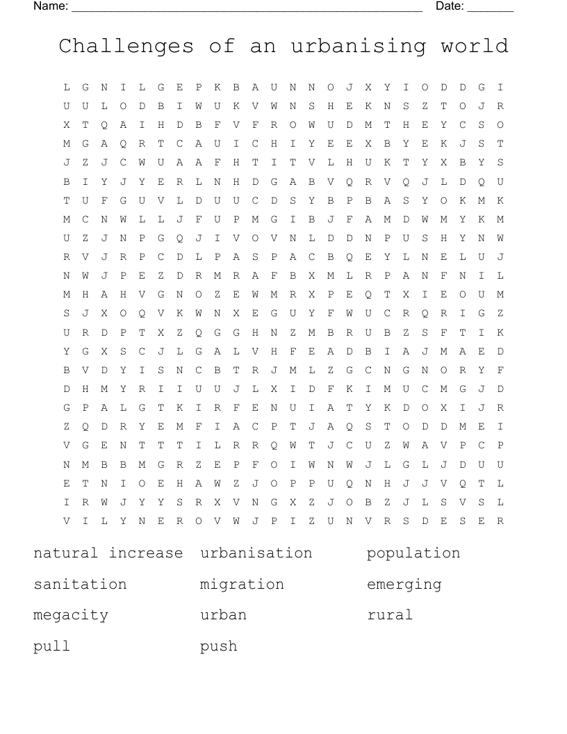 Challenges of an urbanising world Word Search