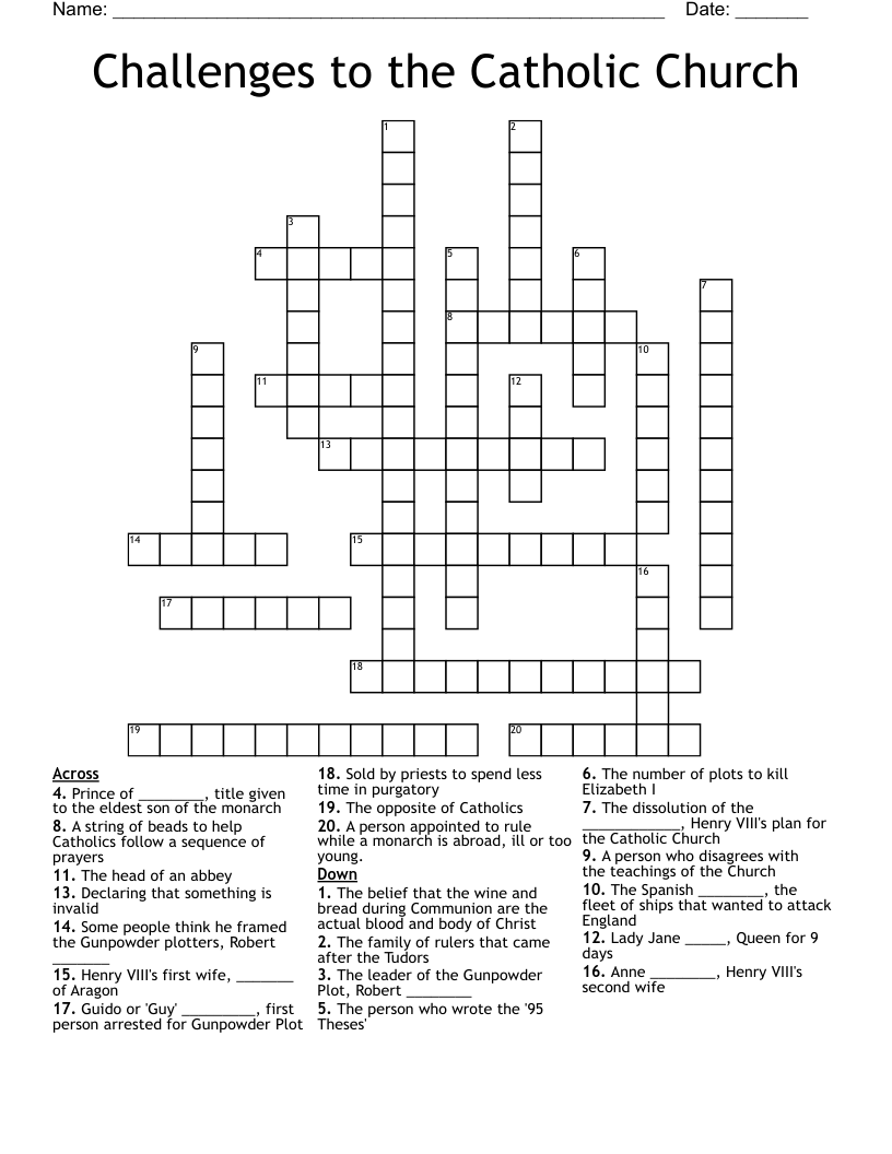 Challenges to the Catholic Church Crossword
