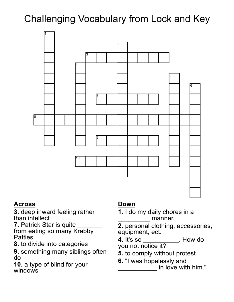 Challenging Vocabulary from Lock and Key Crossword