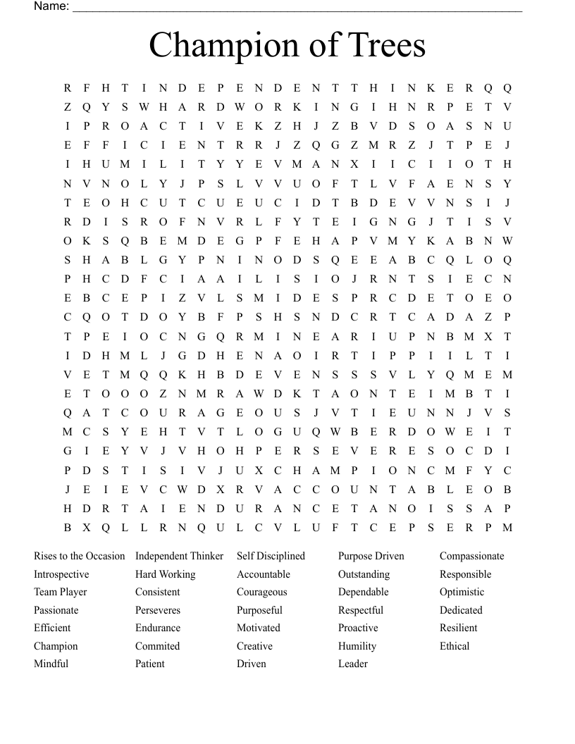 Champion of Trees Word Search