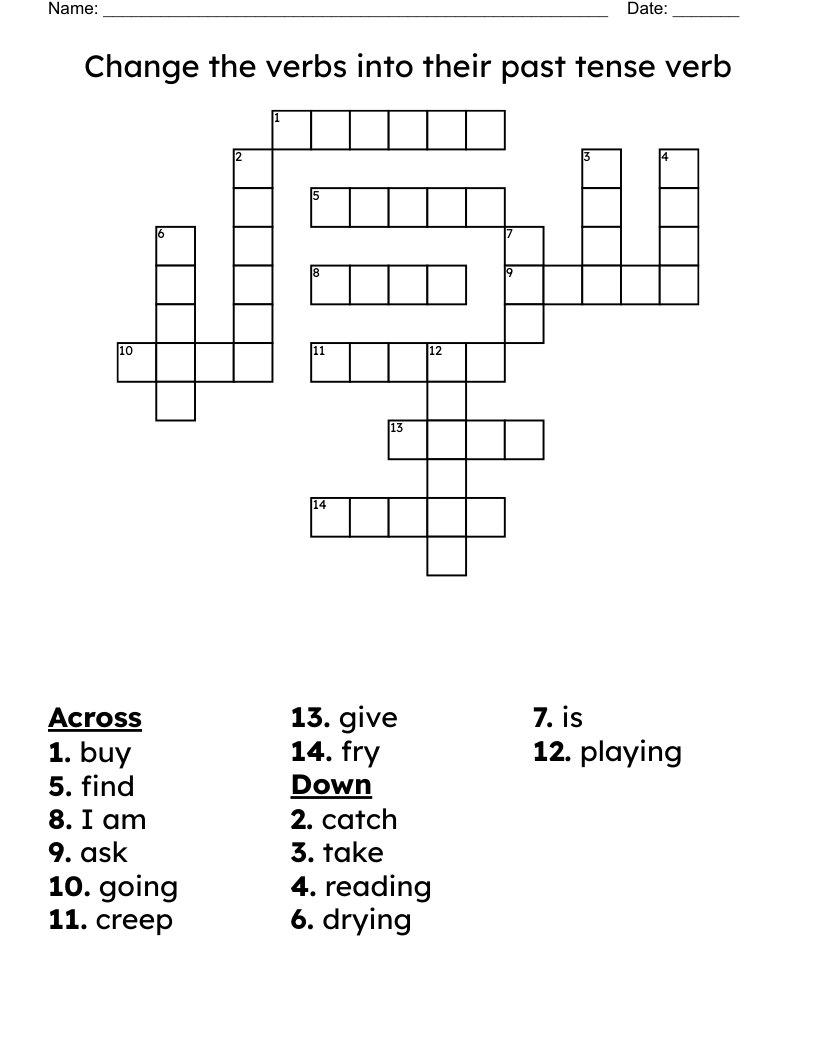 Change the verbs into their past tense verb Crossword
